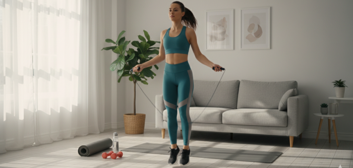 Woman doing jump rope cardio exercise at home