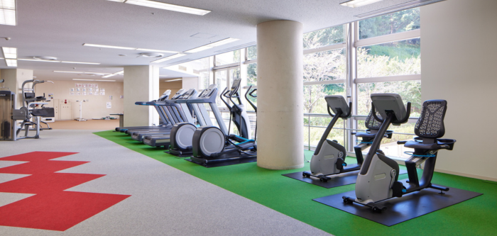 Modern gym interior featuring treadmills, ellipticals, rowing machines, and stationary bikes.