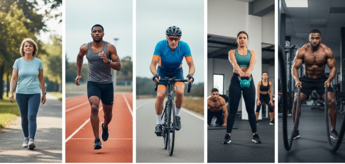 Infographic illustrating five types of cardio workouts including LISS, HIIT, cycling, circuit training, and functional cardio