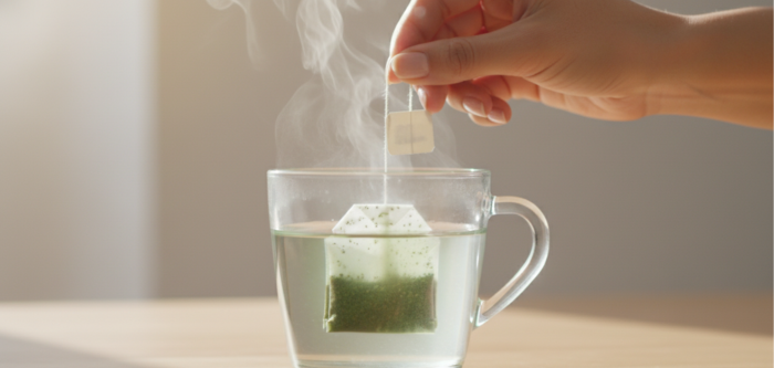 Close-up of a hand dipping a green tea bag into a steaming glass cup of hot water