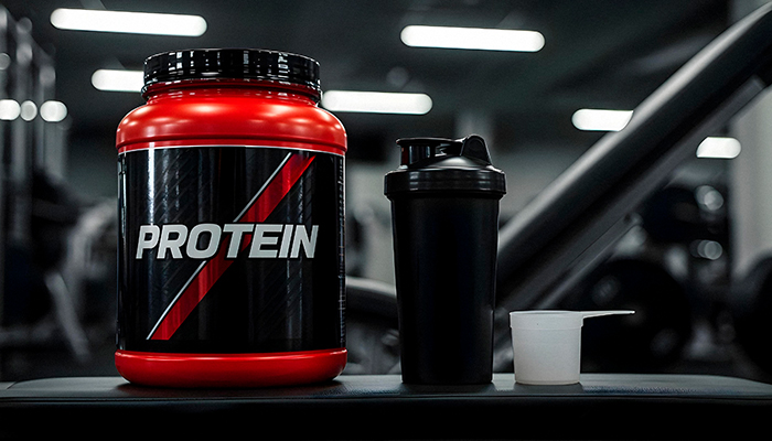 protein supplement on a gym bench