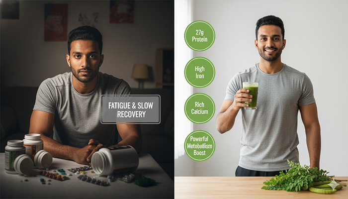 a person on left using gym supplements and another person using moringa based drinks