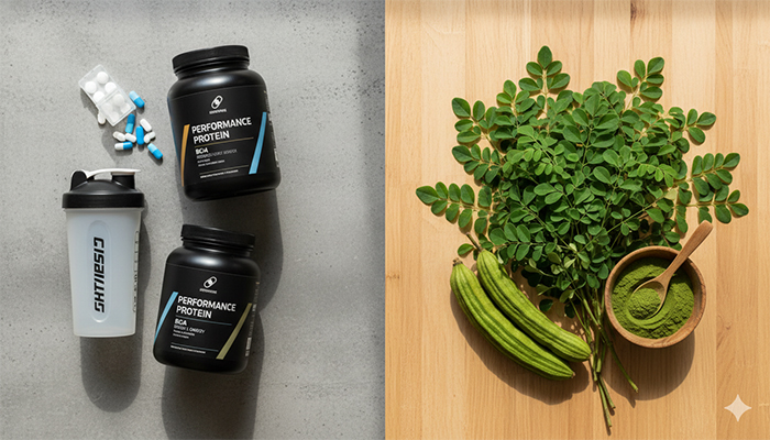 one side Moringa and other popular gym supplements