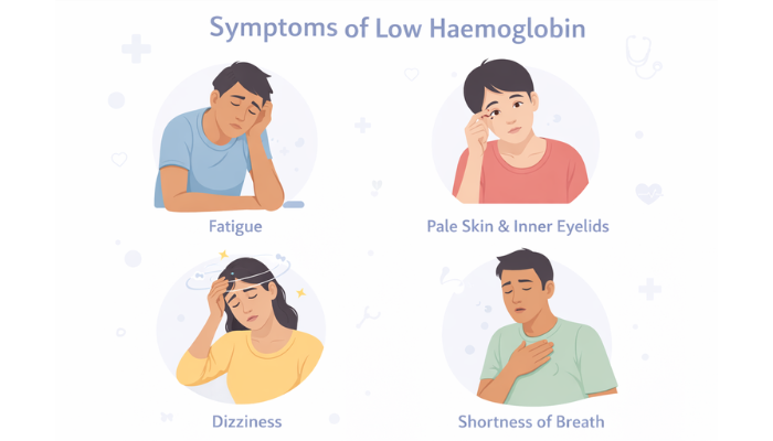 A collage-style image showing key symptoms like fatigue, pale skin, dizziness, and shortness of breath.