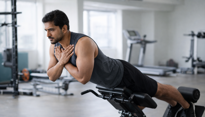 A fit adult person performing a back extension exercise on a back extension bench in a modern gym.