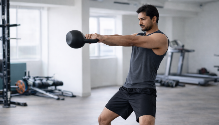 Kettlebell swing by a man in a gym