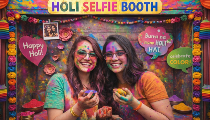 Two girls posing for a picture for holi celebrations