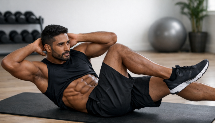 Man doing Bicycle crunch workout in the studio