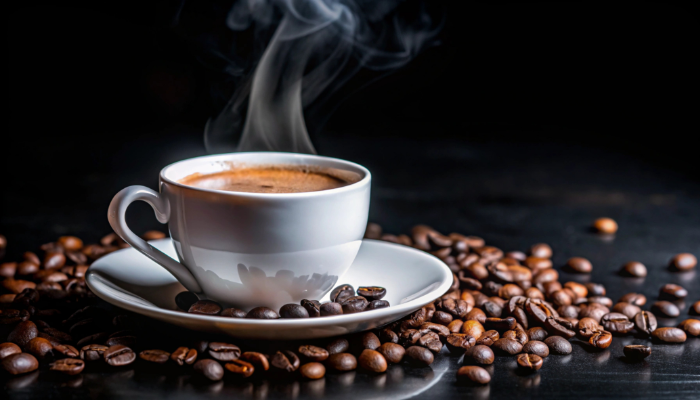 steaming-cup-coffee-saucer-with-coffee-beans-scattered around