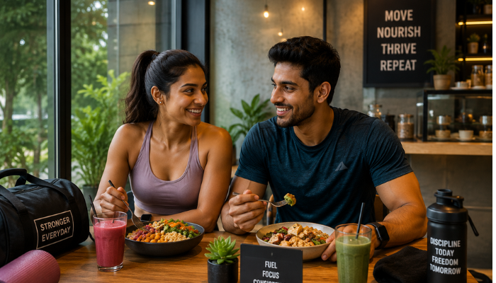 healthy Indian man and woman after a workout session, sitting in a modern café or wellness space enjoying balanced nutritious food together