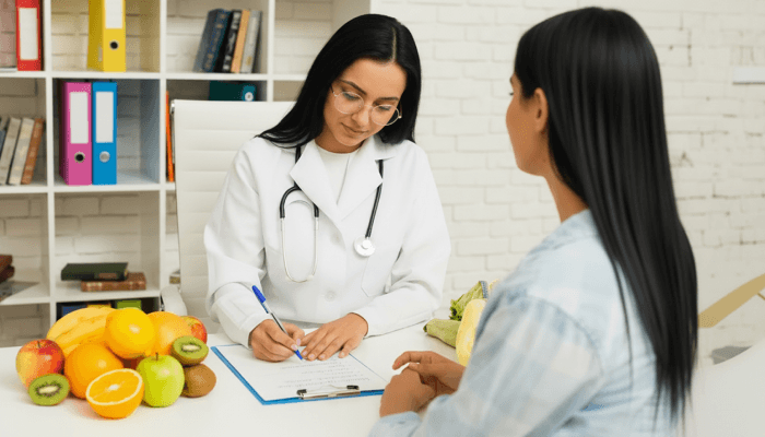 A female doctor creating diet plan for her patient
