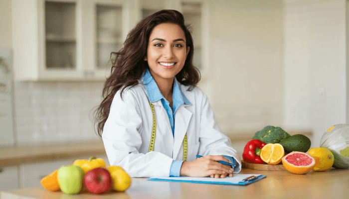 A dietician sitting on a table with fruits