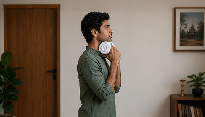 A man doing chin tucks exercise for neck pain