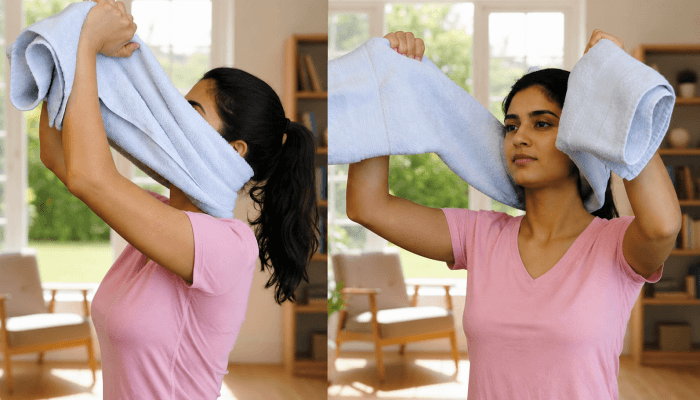 Woman with neck pain does a towel traction stretch for relief