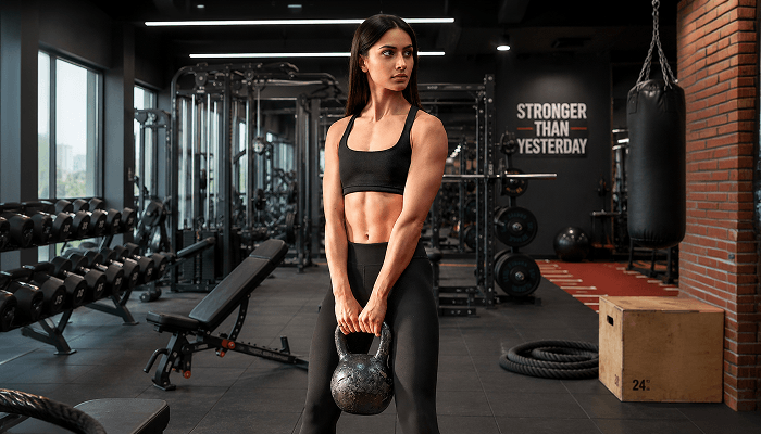 A female bodybuilder carrying a kettlebell
