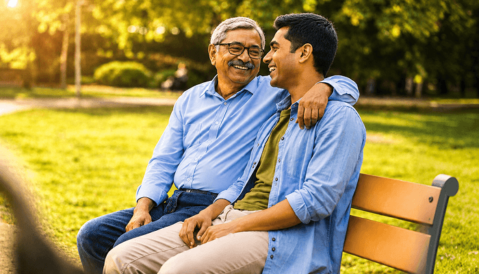 A father and son sitting on a park bench 
