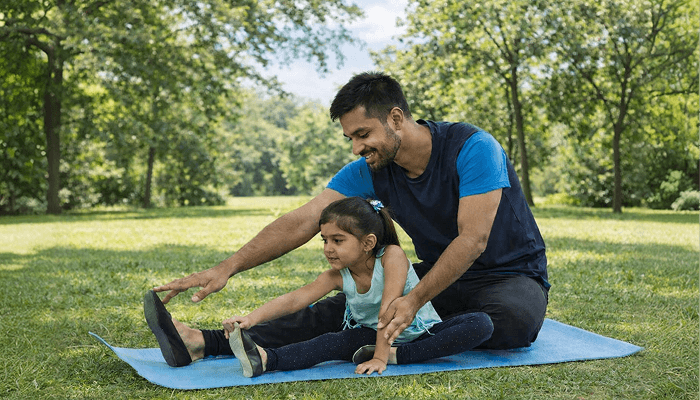 A father teaching his daughter exercise in the park 