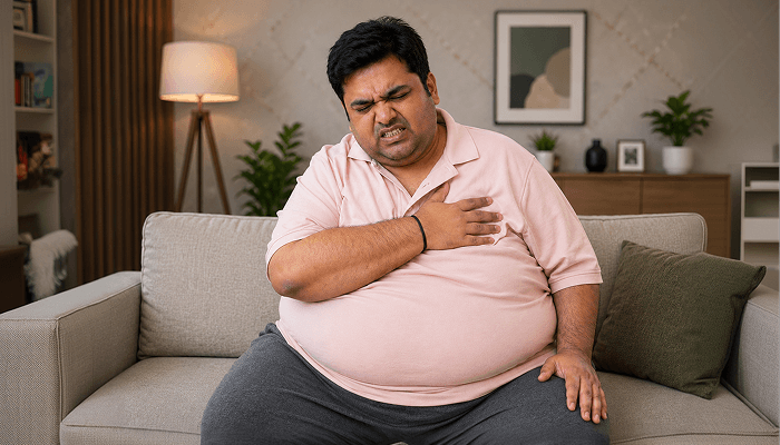 A very male person suffering from obesity sitting on sofa in a home 
