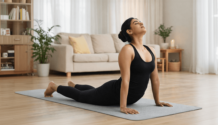woman doing yoga asana on mat