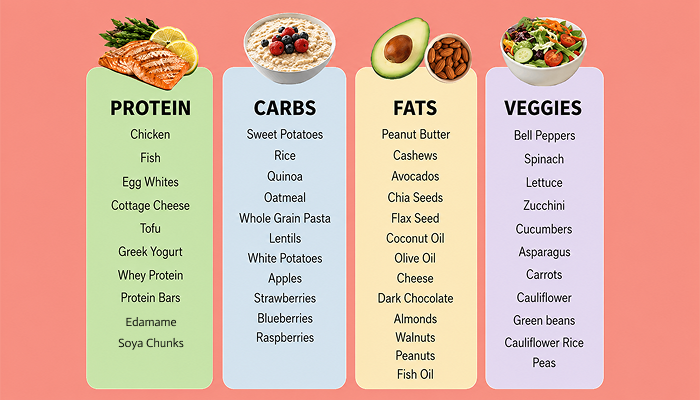 Detail of various foods in protein, carbs, fat and veggies