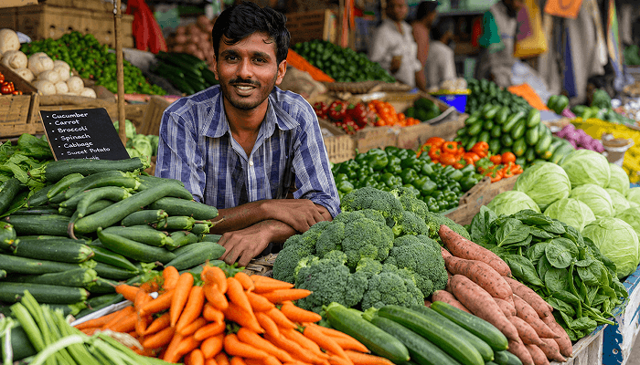 seller in an indian vegetable market or mandi with fresh vegetables