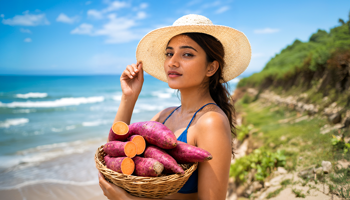 woman holding a basket full of sweet potatoes wearing a sun hat implying her skin stays rejuvinated by eating sweet potatoes that offer beta carotene for UV protection