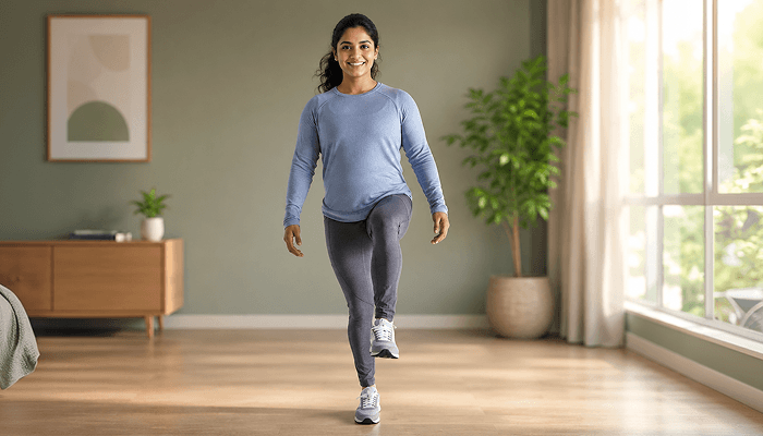 girl doing the single leg balance test to check her physical age or biological age