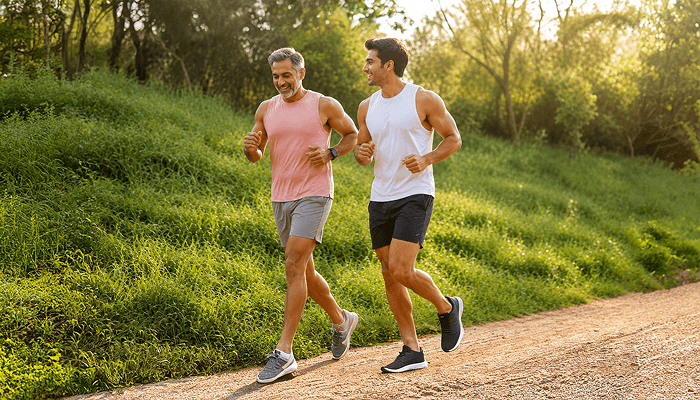 fit men doing a jogging warm up exercise before HIIT workout session