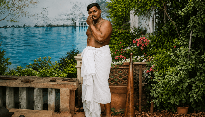 A popular colourised picture of Chandrashekhar Azad with a mudgar (wooden club) beside him. It is believed to have been taken roughly between 1928 and 1930 during his hideout in the Sitapatha Shiva temple in Khaniyadhana.