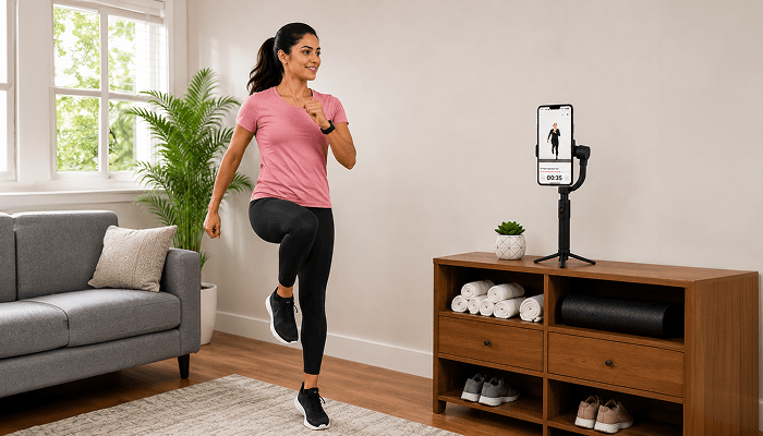 girl doing high knees warmup with Fitcoach