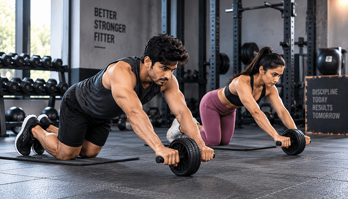 People doing the ab wheels kneeling rollout exercise