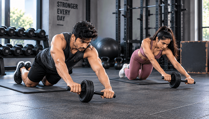 People doing the ab wheels angled rollout exercise