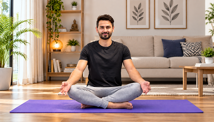 an image representing a man combating burnout syndrome with yoga and meditation for emotional wellness and mental clarity.