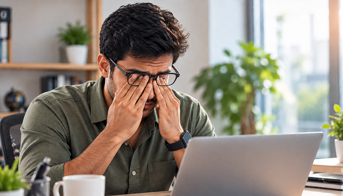 a man stressed out at work due to burnout syndrome and presenteeism in India.