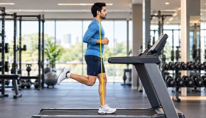 man using a treadmill at a gym to build his cadence and running form at a steady speed while practicing for distance running