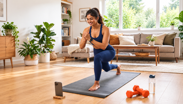 Girl doing strength training home workout preparing for a half marathon distance run