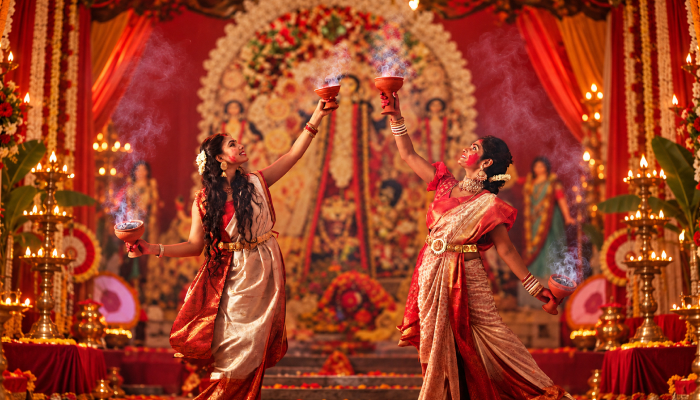 an image showing a durga puja celebration in 2026 with women doing the dhunchi dance in a well-decorated durga mata pandaal.