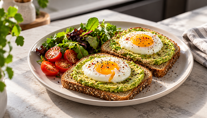 FITPASS dietitian recommended avocado toast on a plate to boost leptin which is the satiety hormone