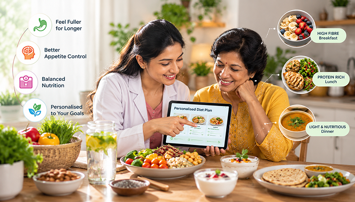 an image representing a certified dietitian prescribing a meal plan to a lady based on the satiety index and the lady's special needs to help her with appetite regulation.