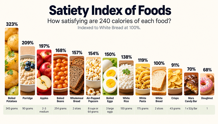 A pictorial bar graph representing satiety index of food based on white bread which at 100% where boiled potato tops the chart with 323% satiety.