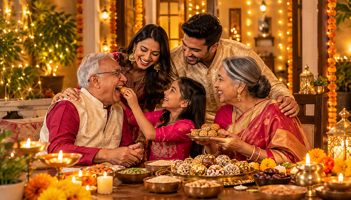 family enjoying healthy diwali snacks with grandparents.