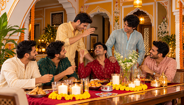 all guys gathering at a friends place on Diwali