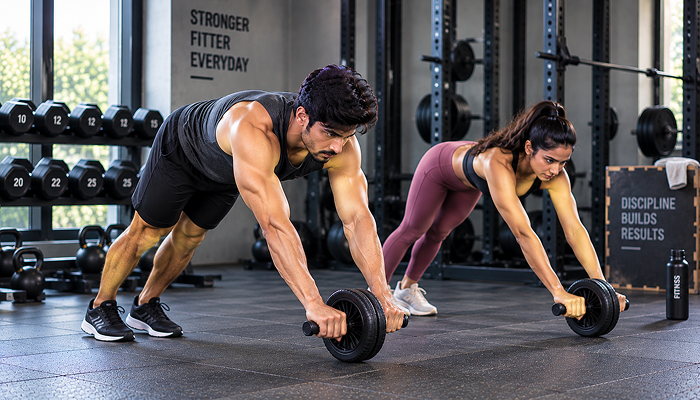 People doing the ab wheels standing rollout exercise