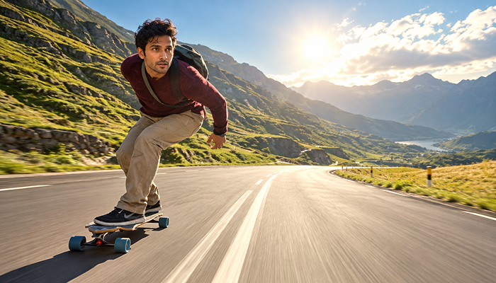 an AI-generated representational image of Walter Mitty, a highly regarded character played by American actor and comedian Ben Stiller. The image references the longboard scene.